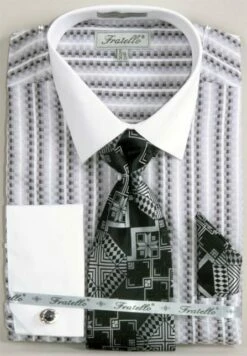 Fratello Men's French Cuff Dress Shirt Set - Jacquard Two Tone -Empire Shop black 13 5
