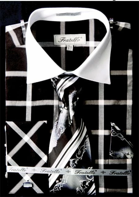Fratello Men's French Cuff Dress Shirt Set - Dramatic Windowpane 4 Fratello Men's French Cuff Dress Shirt Set - Dramatic Windowpane - Image 2