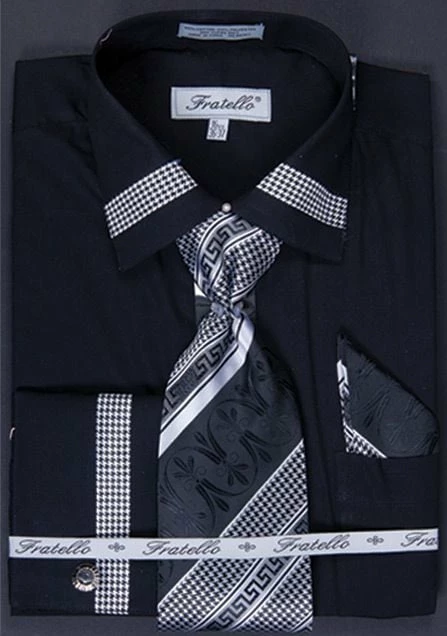 Fratello Men's French Cuff Dress Shirt Set - Houndstooth Patch 10 Fratello Men's French Cuff Dress Shirt Set - Houndstooth Patch - Image 8