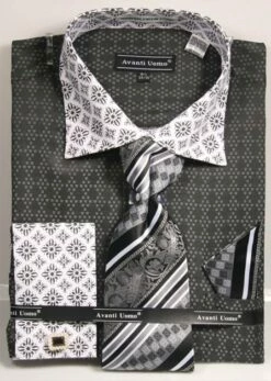 Avanti Uomo Men's French Cuff Dress Shirt Set - Varied Patterns -Empire Shop black 56 3