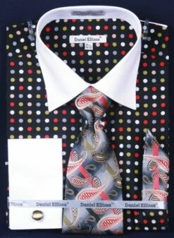 Daniel Ellissa Men's French Cuff Dress Shirt Set - Multi Polka Dot -Empire Shop blackgreen 1