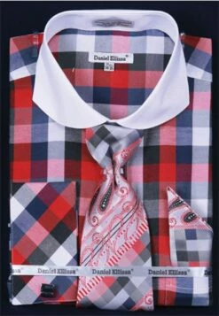Daniel Ellissa Men's French Cuff Dress Shirt Set - Bright Checker -Empire Shop blackred 1