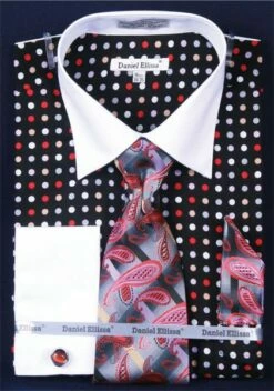Daniel Ellissa Men's French Cuff Dress Shirt Set - Multi Polka Dot -Empire Shop blackred 1 1