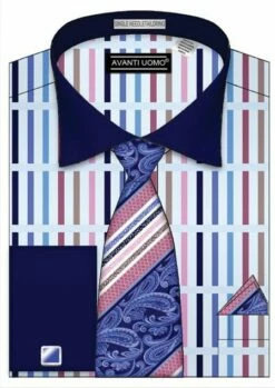 Fratello Men's French Cuff Dress Shirt Set - Multicolor Stripe -Empire Shop blue 4133