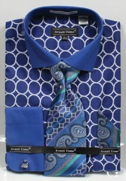 Avanti Uomo Men's French Cuff Dress Shirt Set - Printed Pattern -Empire Shop blue 68