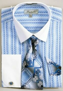 Fratello Men's French Cuff Dress Shirt Set - Jacquard Two Tone -Empire Shop blue 1 6