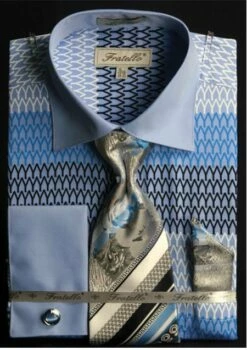 Fratello Men's French Cuff Dress Shirt Set - Printed Pattern 20 Fratello Men's French Cuff Dress Shirt Set - Printed Pattern -Empire Shop blue 25 1