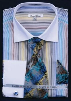 Daniel Ellissa Men's French Cuff Dress Shirt Set - Multi Stripe -Empire Shop blue 4 1