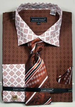 Avanti Uomo Men's French Cuff Dress Shirt Set - Varied Patterns -Empire Shop brown 20 1