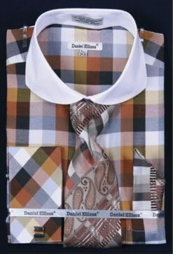 Daniel Ellissa Men's French Cuff Dress Shirt Set - Bright Checker -Empire Shop brown 4