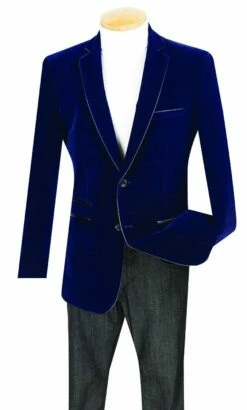 Vinci Men's Luxurious Velvet Slim Sport Coat - Faux Leather Trim -Empire Shop bs 02 navy