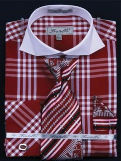 Fratello Men's French Cuff Dress Shirt Set - Deep Checker 26 Fratello Men's French Cuff Dress Shirt Set - Deep Checker -Empire Shop burgundy 1 1