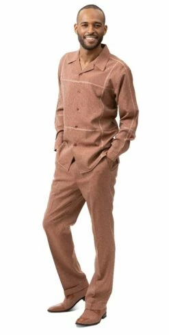 Montique Men's 2 Piece Long Sleeve Walking Suit - Tone On Tone Windowpane -Empire Shop d 65 cognac