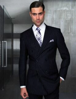 Statement Men's 2 Piece 100% Wool Fashion Suit - Bold Pinstripe -Empire Shop db zarelli navy