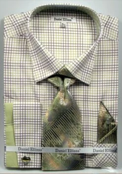 Daniel Ellissa Men's French Cuff Dress Shirt Set - Graph Checker -Empire Shop dk green 3781