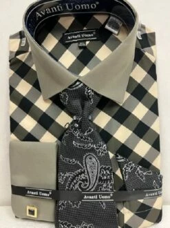 Avanti Uomo Men's French Cuff Dress Shirt Set - Smooth Triple Tone -Empire Shop dn100mblack