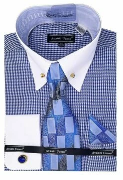 Avanti Uomo Men's French Cuff Dress Shirt Set - Triple Tone Print -Empire Shop dn101m royal