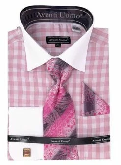 Avanti Uomo Men's French Cuff Dress Shirt Set - Plaid -Empire Shop dn106m pink