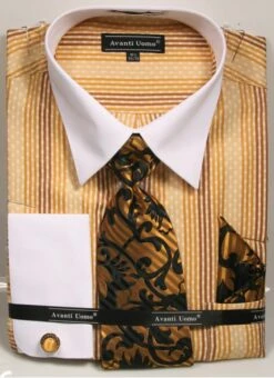 Avanti Uomo Men's French Cuff Shirt Set - Varied Stripe Patterns -Empire Shop dn78m mustard