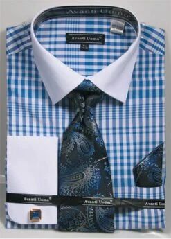 Avanti Uomo Men's French Cuff Shirt Set - Plaid Pattern -Empire Shop dn81m blue