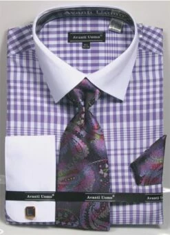 Avanti Uomo Men's French Cuff Shirt Set - Plaid Pattern -Empire Shop dn81m purple