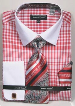 Avanti Uomo Men's French Cuff Shirt Set - Plaid Pattern -Empire Shop dn81m red