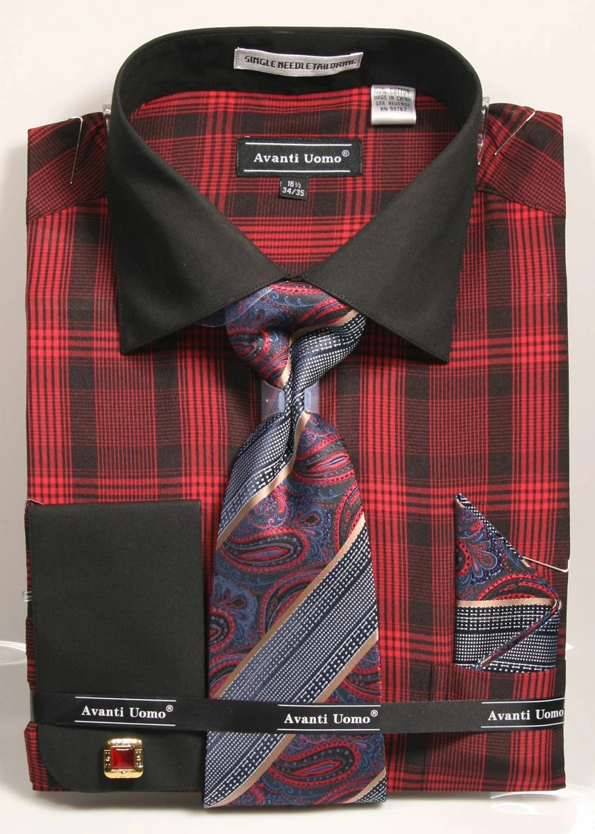 Avanti Uomo Men's French Cuff Shirt Set - Bold Plaid 4 Avanti Uomo Men's French Cuff Shirt Set - Bold Plaid - Image 2