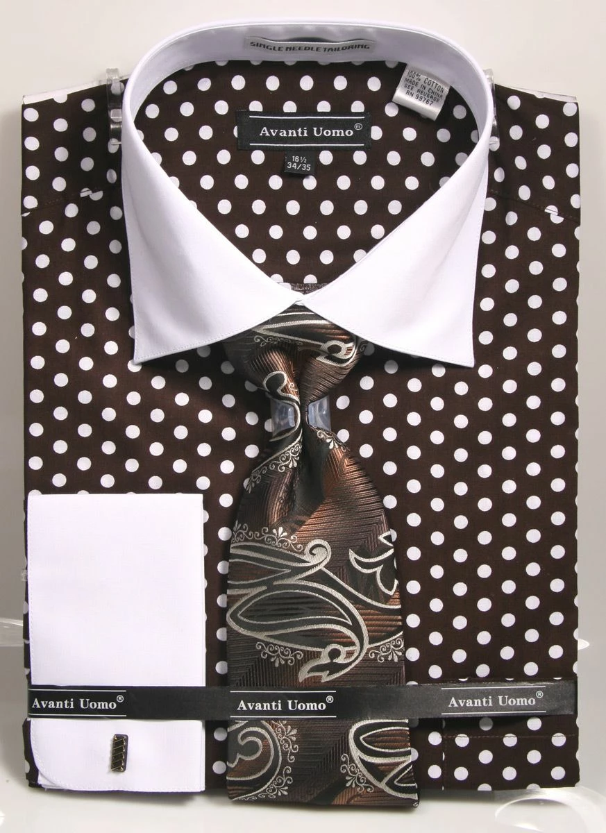 Avanti Uomo Men's 100% Cotton French Cuff Shirt Set - Polka Dots 6 Avanti Uomo Men's 100% Cotton French Cuff Shirt Set - Polka Dots - Image 4