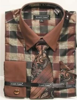 Avanti Uomo Men's French Cuff Dress Shirt Set - Multi Color Checkered