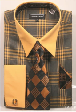 Avanti Uomo Men's French Cuff Shirt Set - Unique Windowpane -Empire Shop dn99mmustard