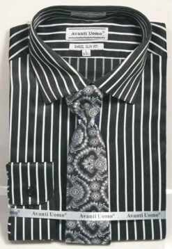 Avanti Uomo Men's Slim Fit Dress Shirt Set - Bold Stripe -Empire Shop dns09 black silver