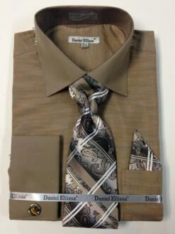 Daniel Ellissa Men's French Cuff Dress Shirt Set - Textured Solid -Empire Shop ds2014p2 beige
