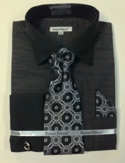 Daniel Ellissa Men's French Cuff Dress Shirt Set - Textured Solid -Empire Shop ds2014p2 black