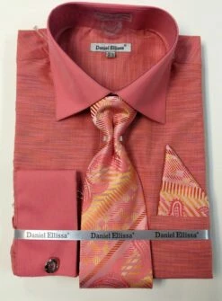 Daniel Ellissa Men's French Cuff Dress Shirt Set - Textured Solid -Empire Shop ds2014p2 coral