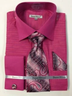Daniel Ellissa Men's French Cuff Dress Shirt Set - Textured Solid -Empire Shop ds2014p2 fuchsia