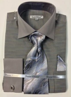 Daniel Ellissa Men's French Cuff Dress Shirt Set - Textured Solid -Empire Shop ds2014p2 gray