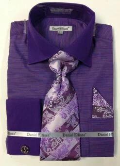 Daniel Ellissa Men's French Cuff Dress Shirt Set - Textured Solid -Empire Shop ds2014p2 purple
