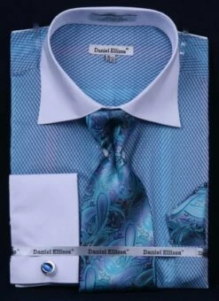 Daniel Ellissa Men's French Cuff Dress Shirt Set - Slanted Stripes 19 Daniel Ellissa Men's French Cuff Dress Shirt Set - Slanted Stripes -Empire Shop ds3770p2 turquoise