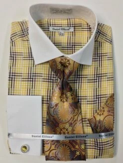 Daniel Ellissa Men's French Cuff Dress Shirt Set - Geometric Plaid 11 Daniel Ellissa Men's French Cuff Dress Shirt Set - Geometric Plaid -Empire Shop ds3774p2 mustard