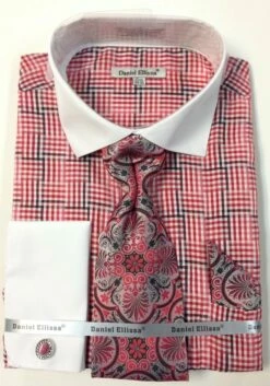 Daniel Ellissa Men's French Cuff Dress Shirt Set - Geometric Plaid 9 Daniel Ellissa Men's French Cuff Dress Shirt Set - Geometric Plaid -Empire Shop ds3774p2 red