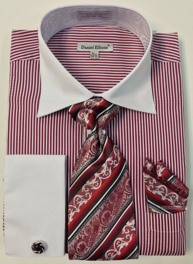 Daniel Ellissa Men's French Cuff Dress Shirt Set - Thin Stripes 3 Daniel Ellissa Men's French Cuff Dress Shirt Set - Thin Stripes
