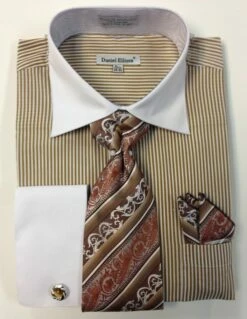 Daniel Ellissa Men's French Cuff Dress Shirt Set - Thin Stripes 10 Daniel Ellissa Men's French Cuff Dress Shirt Set - Thin Stripes -Empire Shop ds3775p2 taupe