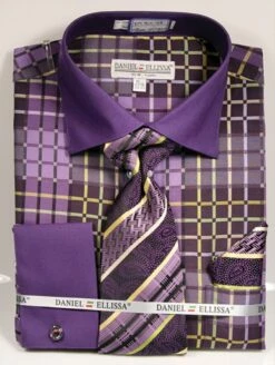 Daniel Ellissa Men's French Cuff Shirt Set - Colorful Geometric -Empire Shop ds3785p2 purple