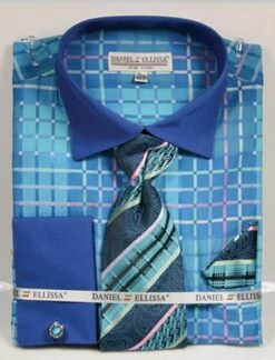Daniel Ellissa Men's French Cuff Shirt Set - Colorful Geometric -Empire Shop ds3785p2 turq