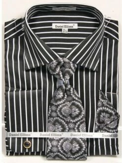 Daniel Ellissa Men's French Cuff Shirt Set - Bold Stripes -Empire Shop ds3793p2 black
