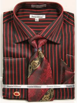 Daniel Ellissa Men's French Cuff Shirt Set - Bold Stripes -Empire Shop ds3793p2 black red