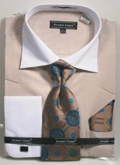 Avanti Uomo Men's French Cuff Shirt Set - Pinstripe -Empire Shop ds3798p2 beige