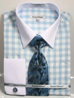 Daniel Ellissa Men's French Cuff Shirt Set - Soft Checkerboard -Empire Shop ds3804p2 blue