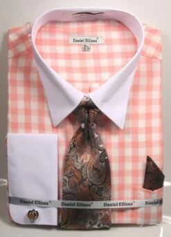 Daniel Ellissa Men's French Cuff Shirt Set - Soft Checkerboard -Empire Shop ds3804p2 salmon