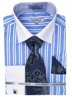 Daniel Ellissa Men's French Cuff Shirt Set - Twin Stripes -Empire Shop ds3823p2 lt blue